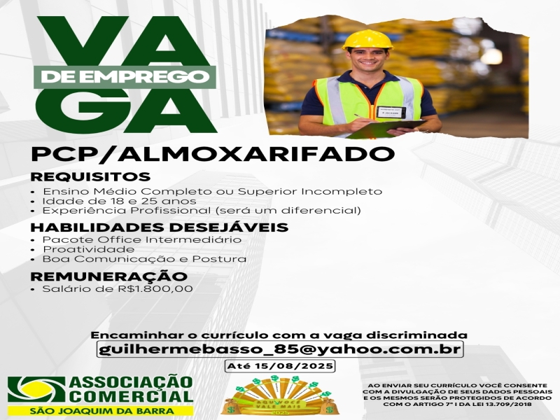 Vaga de Emprego: PCP/ALMOXARIFADO