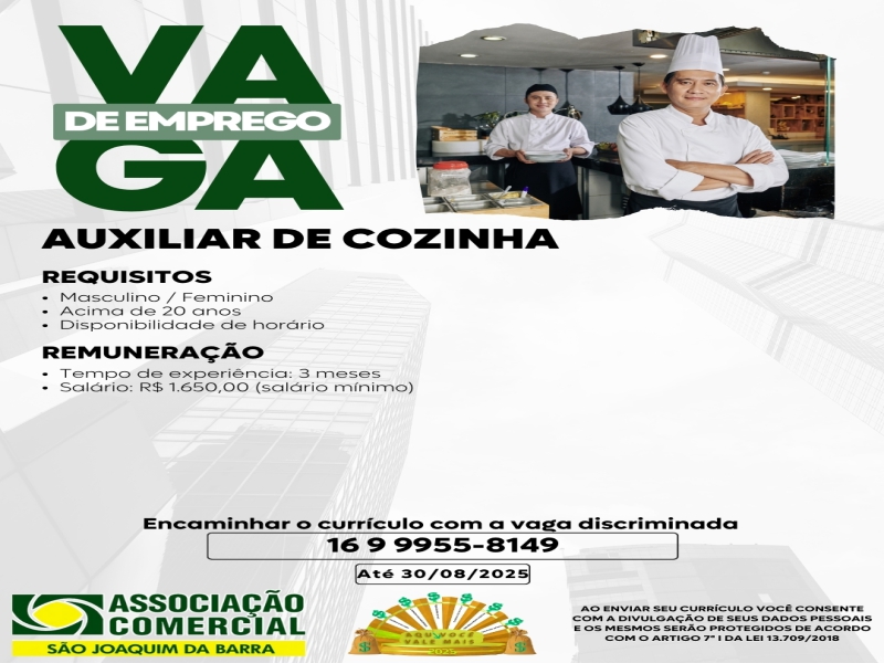 Vaga de Emprego: Auxiliar de Cozinha